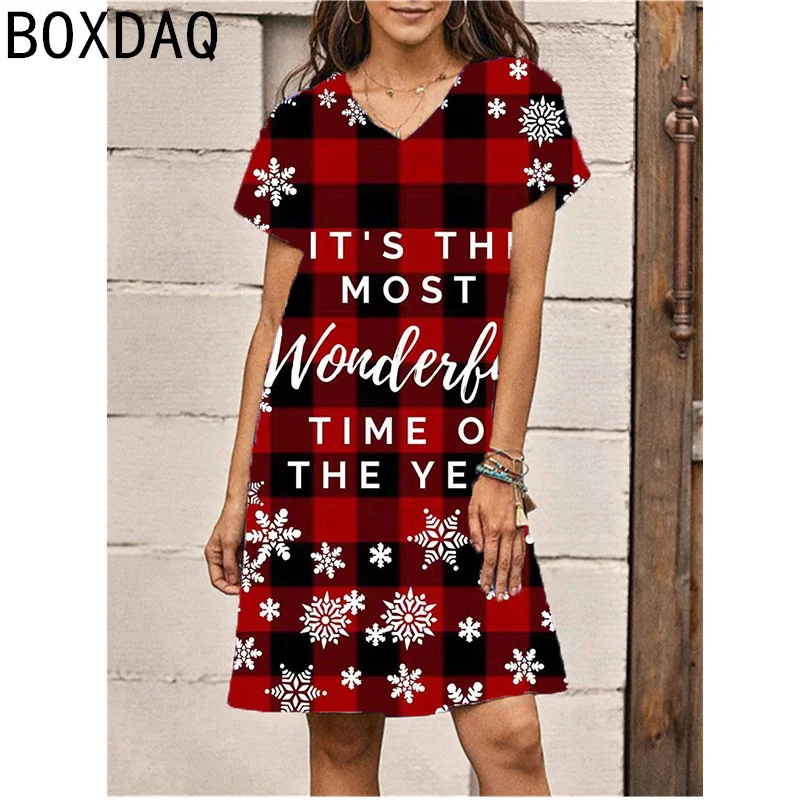 Women Short Sleeve V-Neck Printed Dress 3D Christmas Gift Snowman Letter Printed Dress Big Size 3XL Female Casual Dress Vestidos