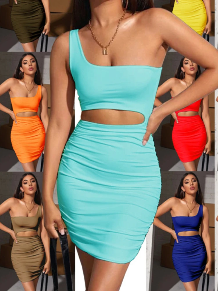 Sexy Off One Shoulder Waist Hollow Out Slim Bodycon Dress Women Sleeveless Solid Color Elastic Evening Dress Club Party Vestidos