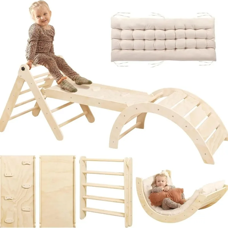 

Three-piece children's indoor playground climbing frame fitness toy solid wood arch climbing slide frame set