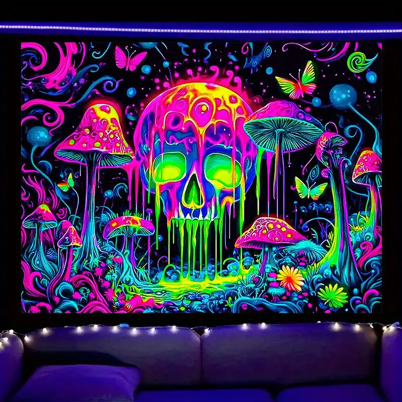 VIKAMA Trippy Skull Wall Tapestry Psychedelic Mushroom Neon Pattern For Living Room Bedroom Surreal Wall Cloth Home Decor