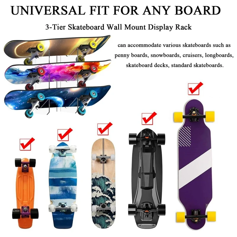 1 Pair Skateboard Display Rack Acrylic Wall Stand Fixed Mount Indoor Floating Skateboard Storage Bracket Wall Holder, Durable