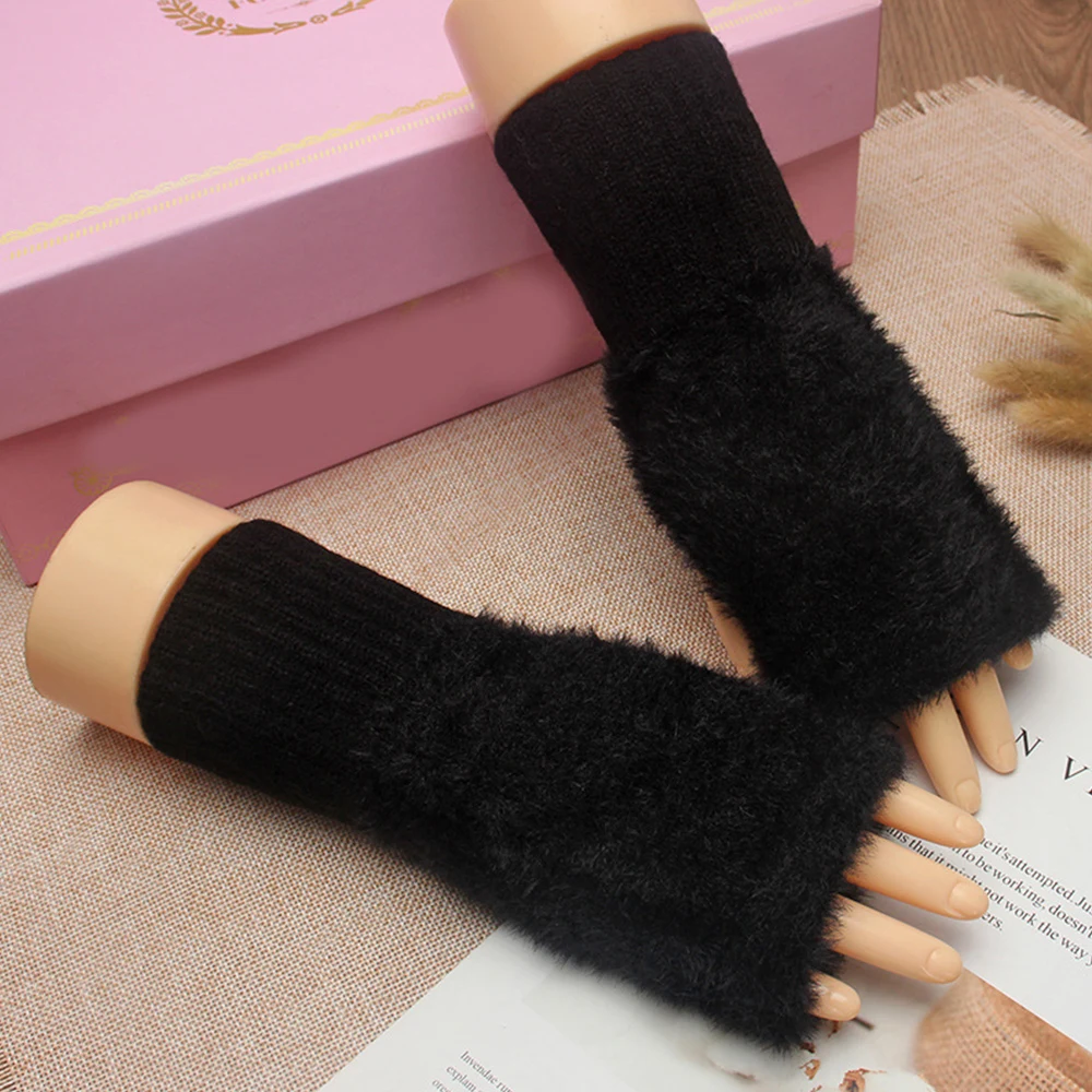 Women Imitation Mink Hair Plush Gloves Simple Solid Color Touch Screen Half Finger Mittens Winter Warm Outdoor Stretch Gloves