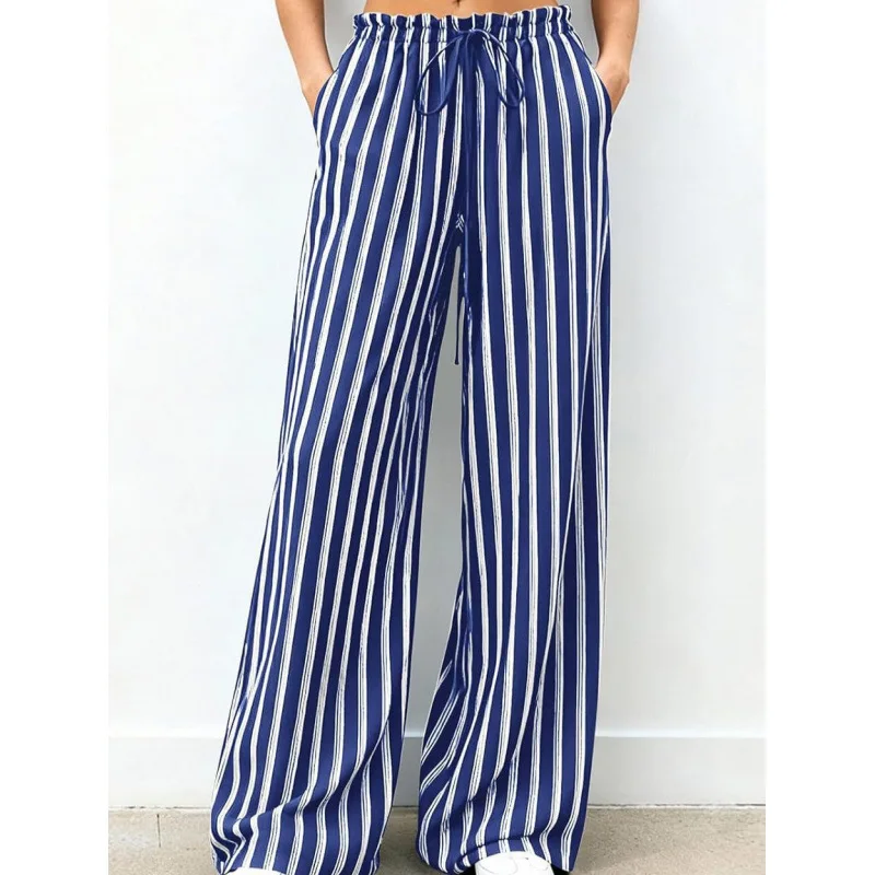 Woman fashion 2026 hot-selling striped loose-fit casual workwear elastic waist wide-leg Stripe Trousers With Pocket