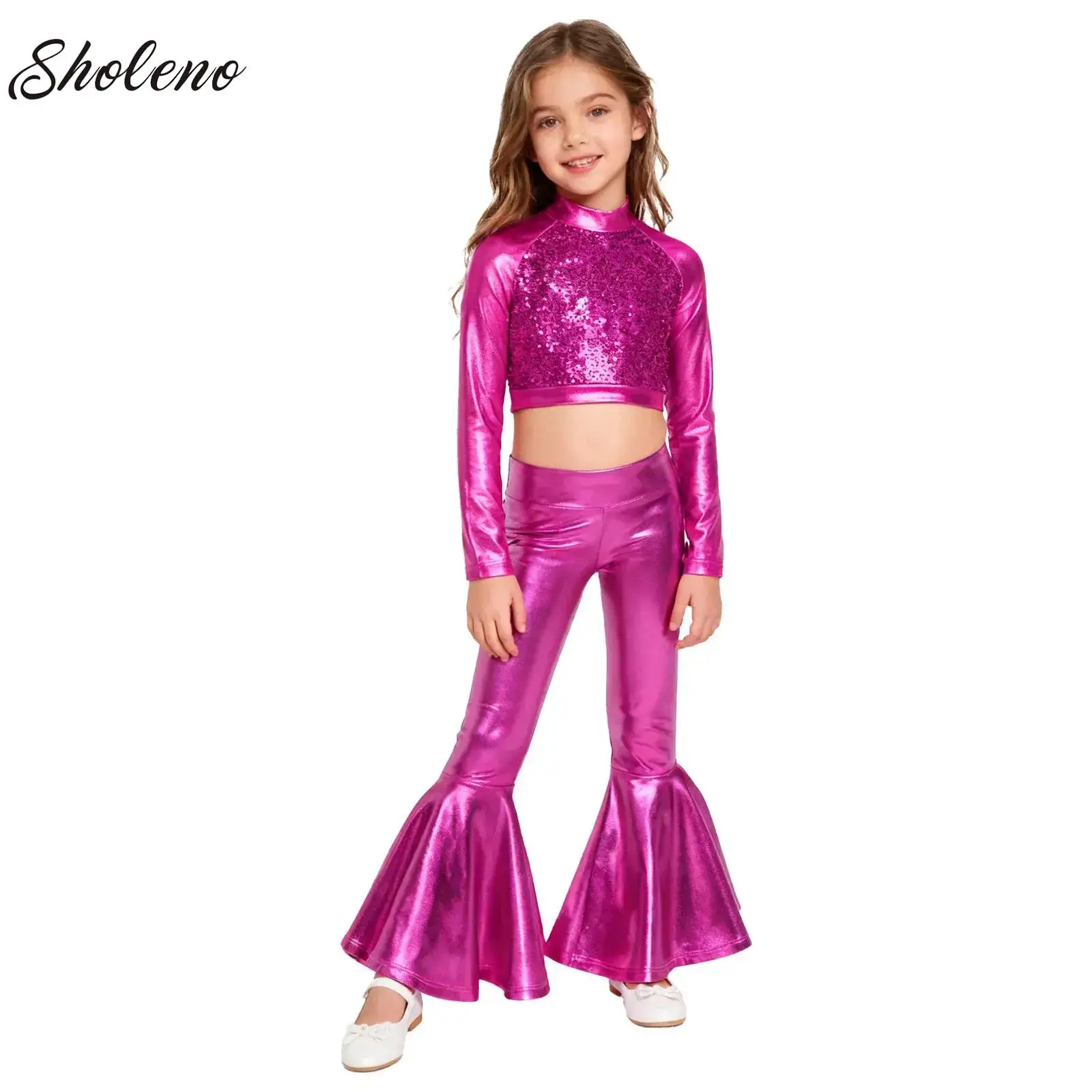 

Kids Girls Gymnastics Leotard Ballet Jazz Hip Hop Dance Performance Costume Shiny Sequins Crop Top with Pants Stage Competition