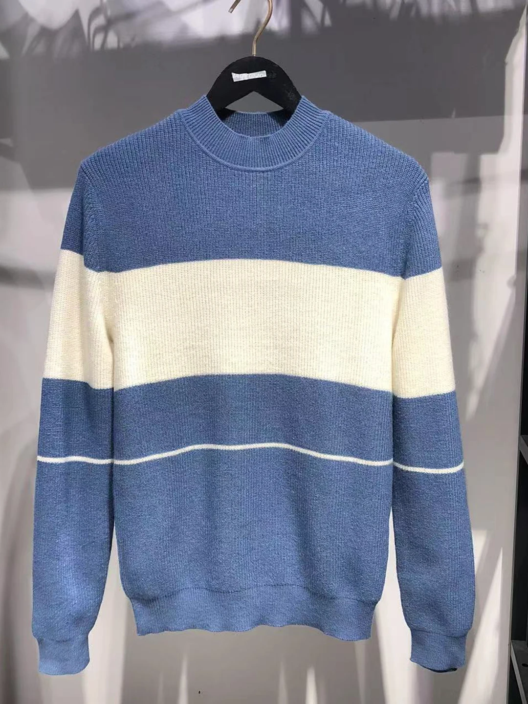 

Осень-зима, мужской повседневный вязаный свитер с высоким воротником, смесь шерсти, полиэстер, акрил, нейлон, шерсть, шелк, полосатый...