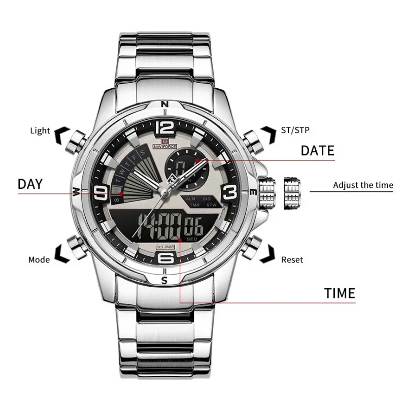 NAVIFORCE Men's Stainless Steel Watchband LED luminous Mode 3ATM waterproof Watch Multifunctional Double-Display Watch Date Gift