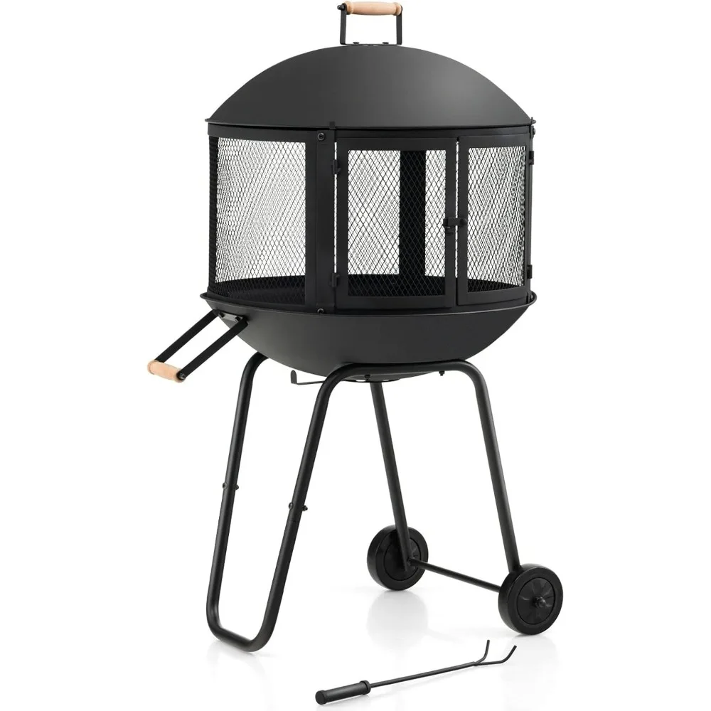 

Portable Fire Pit with Wheels, 28 Inch Wood Burning Fire Pit with Log Grate, Poker, Rolling Patio Fireplace Wooden Bonfire Fire