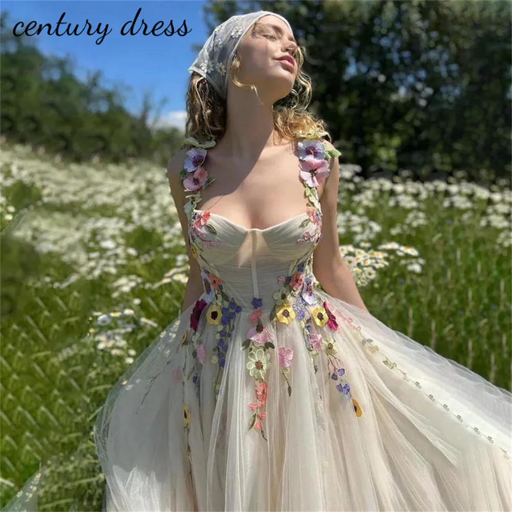 

Century V-neck A Line Evening Dress Appliques Charming Prom Dresses Spaghetti Strap Zipper Party Gown вечернее платье