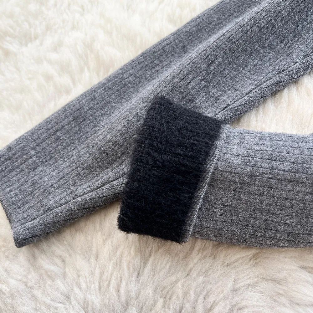 Karofi Thermo-gefütterte Strickleggings für Damen, hohe Taille, warme, mit Fleece gefütterte Stretch-Ripp-Hose, weiche, dünne Winterhose P309 – Detail 14
