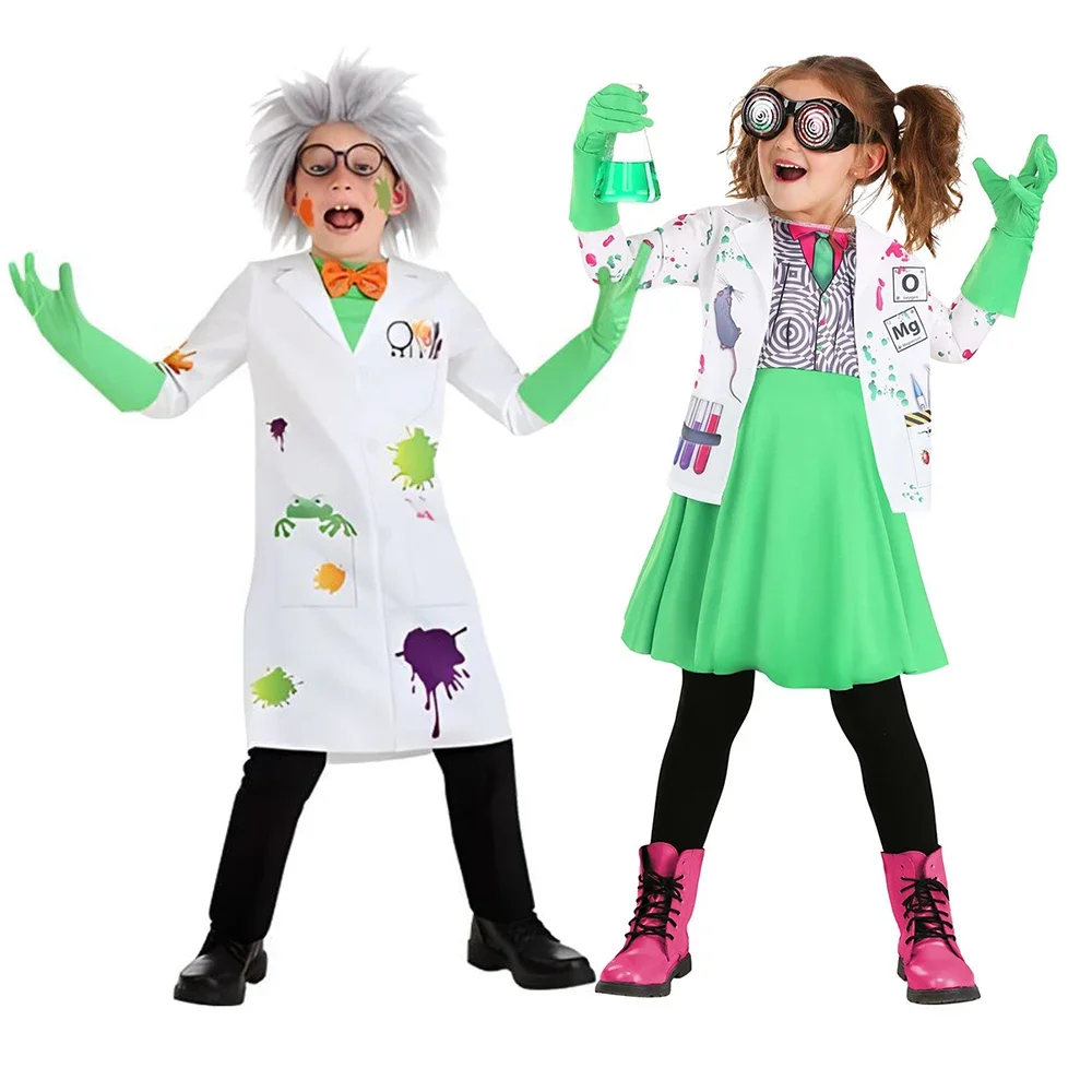 

2024 Mad Scientist Costume for Kids Fancy Dress Costumes Role Play Dress Up Set Lab Coat for Boys Girls Scientist Cosplay