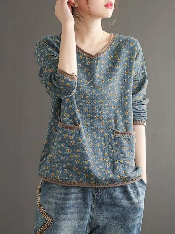 

Retro Floral Cotton Linen T-irt Loose Long Sve V-Ne Base Layer Top for Women Casual Comfortable Breathable Spring Autu...