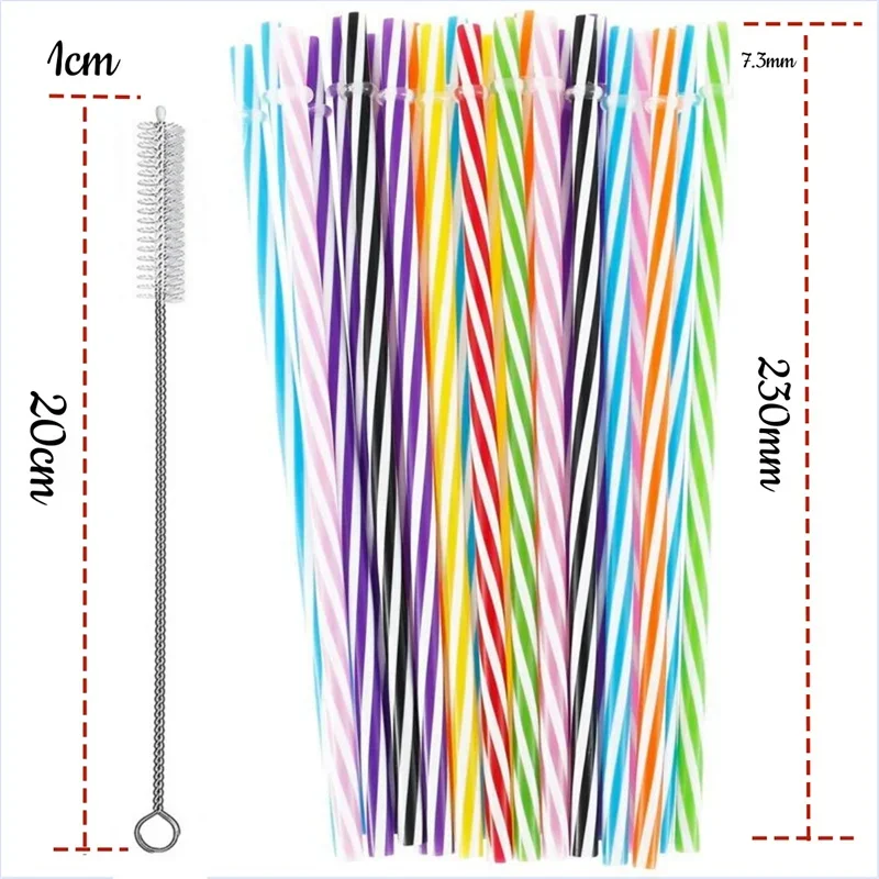 10Pcs Drinking Striped Straws Reusable Hard Plastic Straws with Cleaning Brush Assorted Color Candy-Striped Straw Party Straight