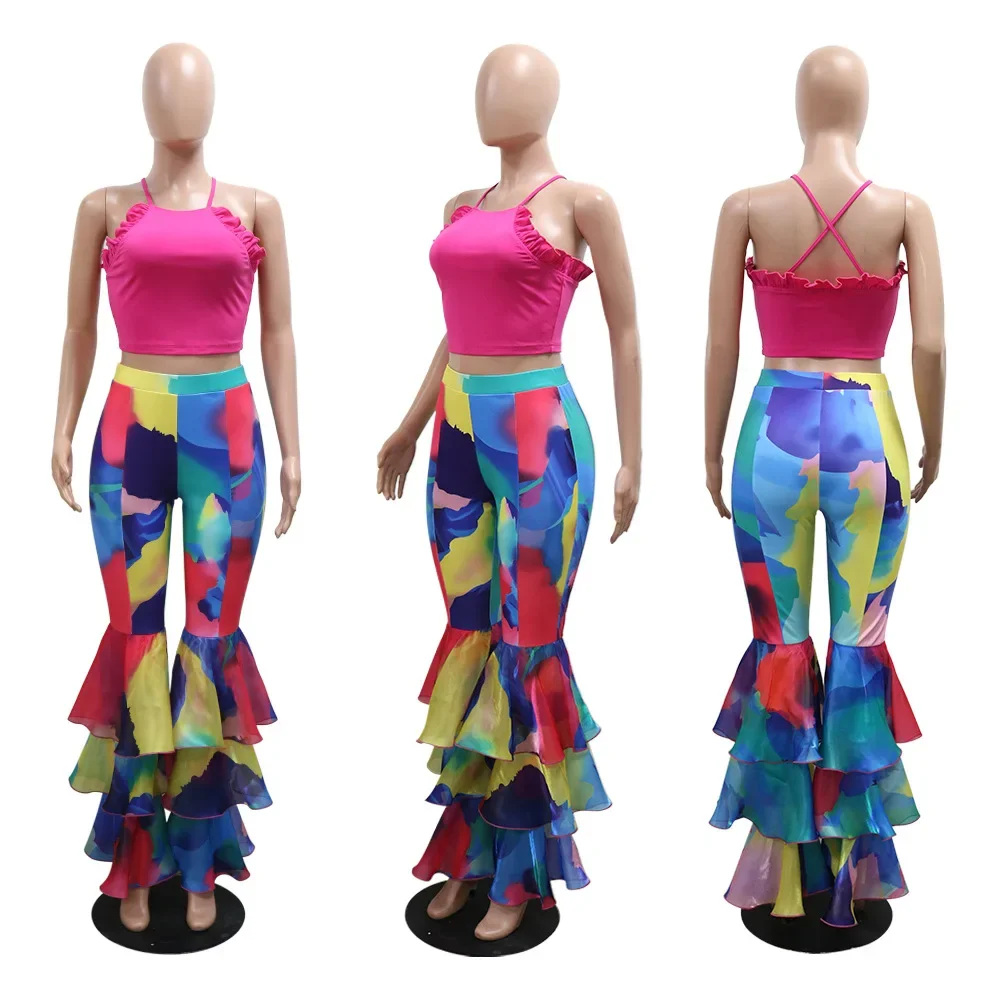 Calças femininas de babados de perna larga, cintura alta, casual elegante, calças tie dye, roupas luxuosas da moda feminina, calça sexy malha, 2024