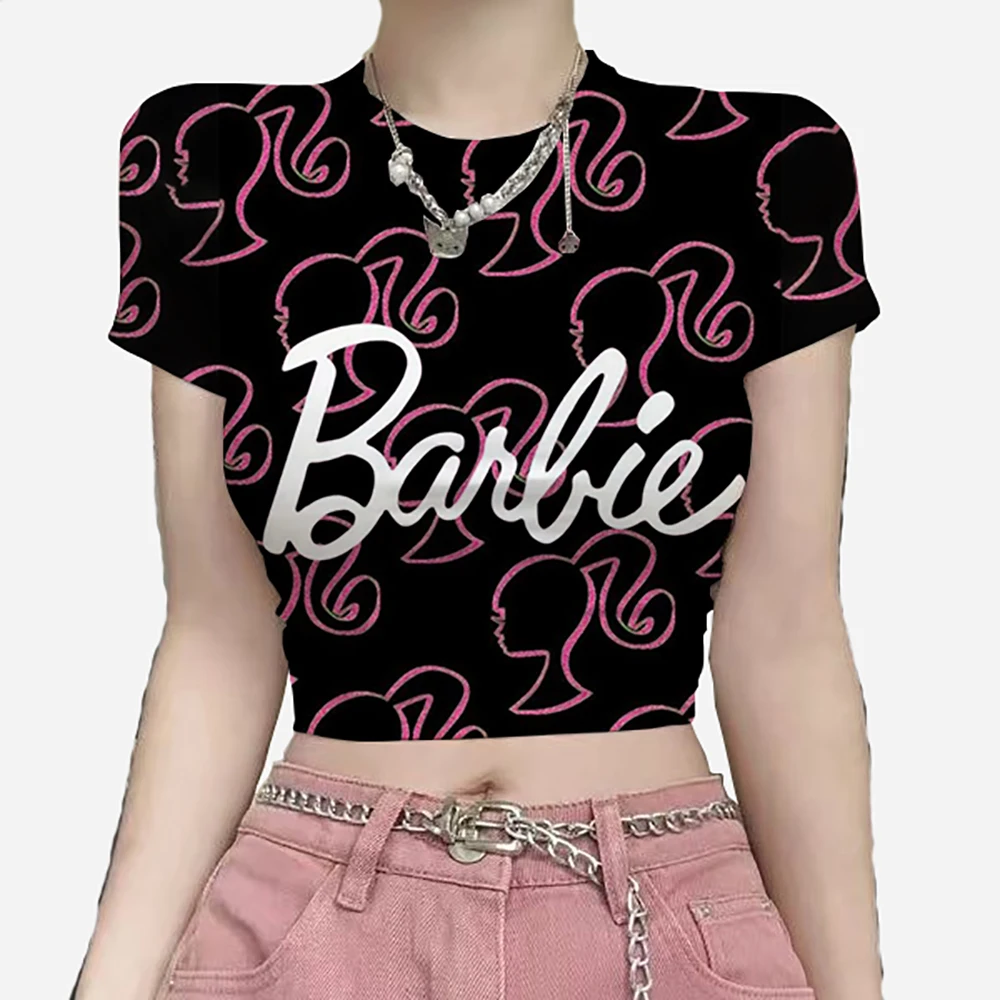 Women Crop Top Casual Minimalist Barbie Printed Round Neck Crop Sleeve Slim T-Shirt For Women Suitable For Summer