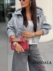 KONDALA Vintage Casual Solid Women Suit Gray Zipper Pockets Hooded Jackets Long Straight Skirt Fashion 2023 Autumn Office Set