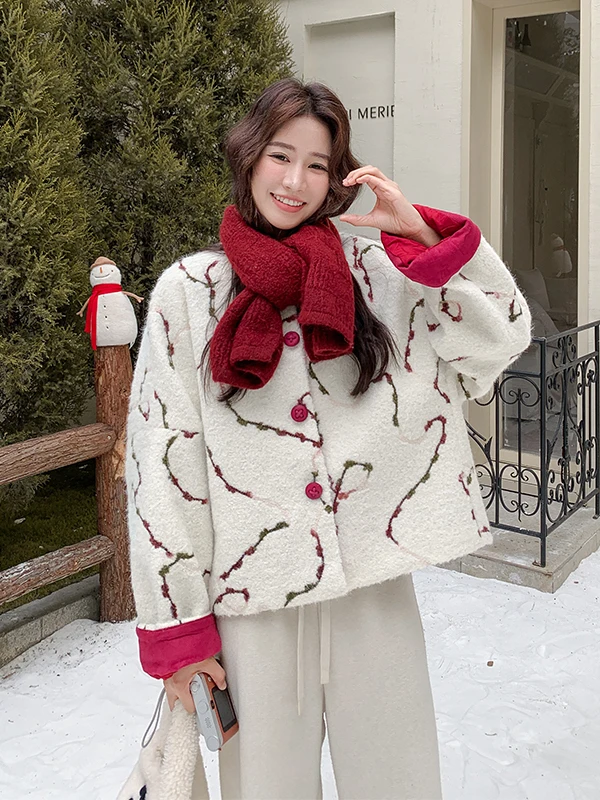 Embroidered Woolen Jaet ort Thiened Women's Winter Faion Warm Casual Sle Plant Floral Pattern Single Button Closure