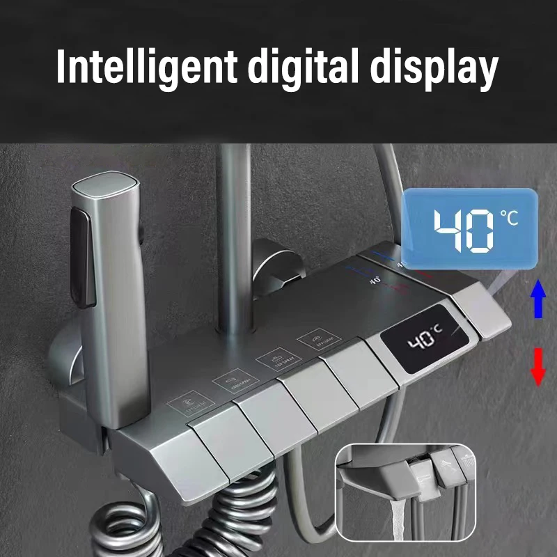 Imagem -02 - Conjunto de Bicos para Chuveiro Estilo Piano Display Digital Inteligente Frio e Quente Cinza Preto Banheiro Casa