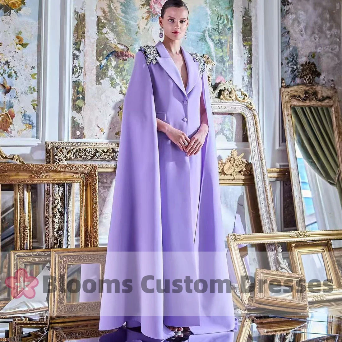 

Blooms Long Cape Sleeves Lilac Evening Dresses 2024 Crystal V-Neck Lapel Prom Dress A-Line Wedding Guest Formal Occasion Gown