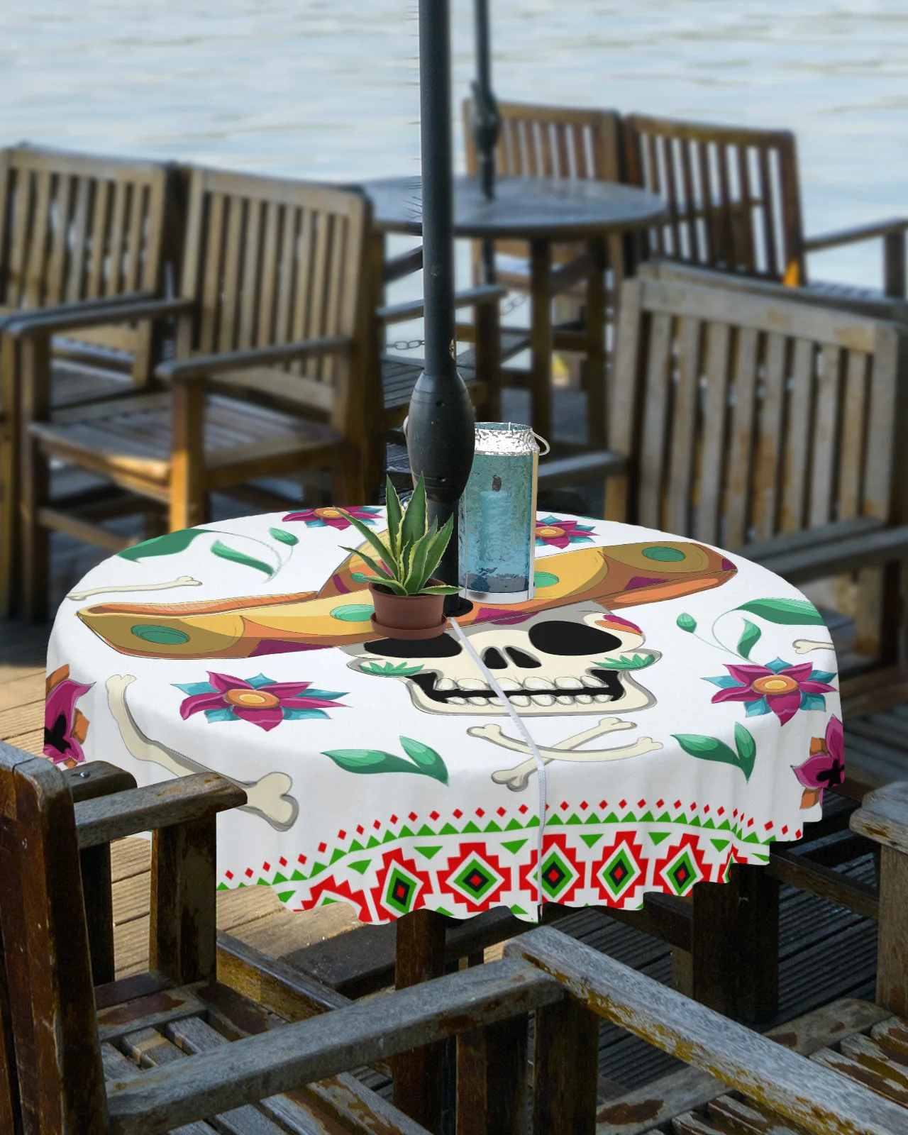 Mexico Skull Straw Hat Flower White Outdoor Tablecloth with Umbrella Hole Zippered Waterproof Picnic Patio Round Table Cover