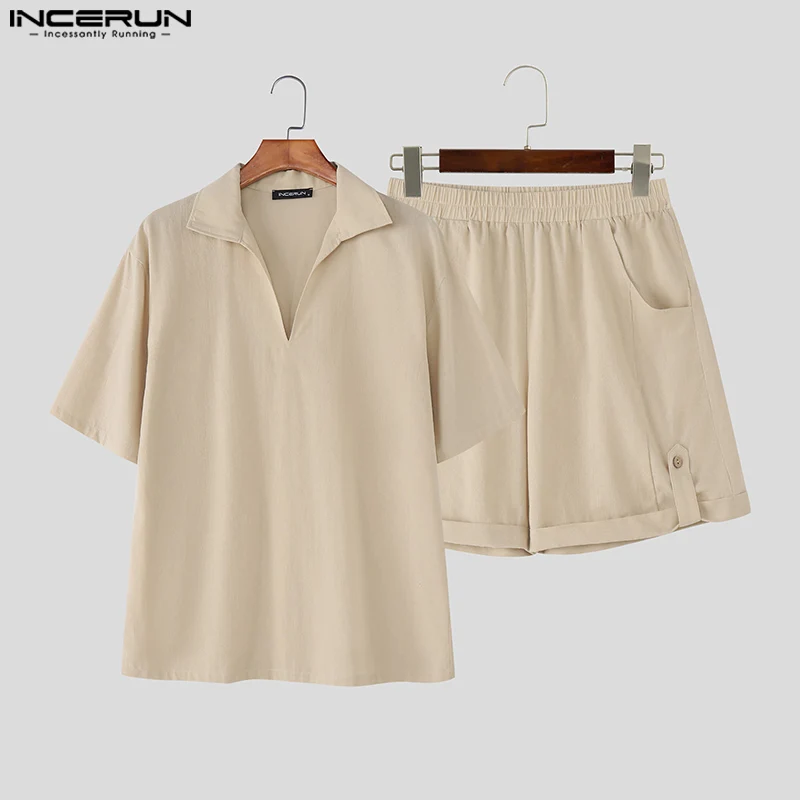 Incerun conjuntos masculinos cor sólida lapela manga curta camisa & shorts duas peças define verão streetwear 2025 solto casual ternos masculinos
