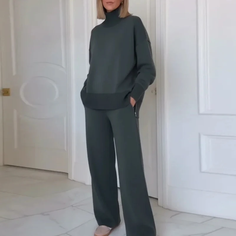 

Женский свитшот с воротником-стойкой и длинными рукавами и брюки, комплект из 2 предметов, повседневный однотонный осенний костюм с карманами, модный свободный наряд для улицы