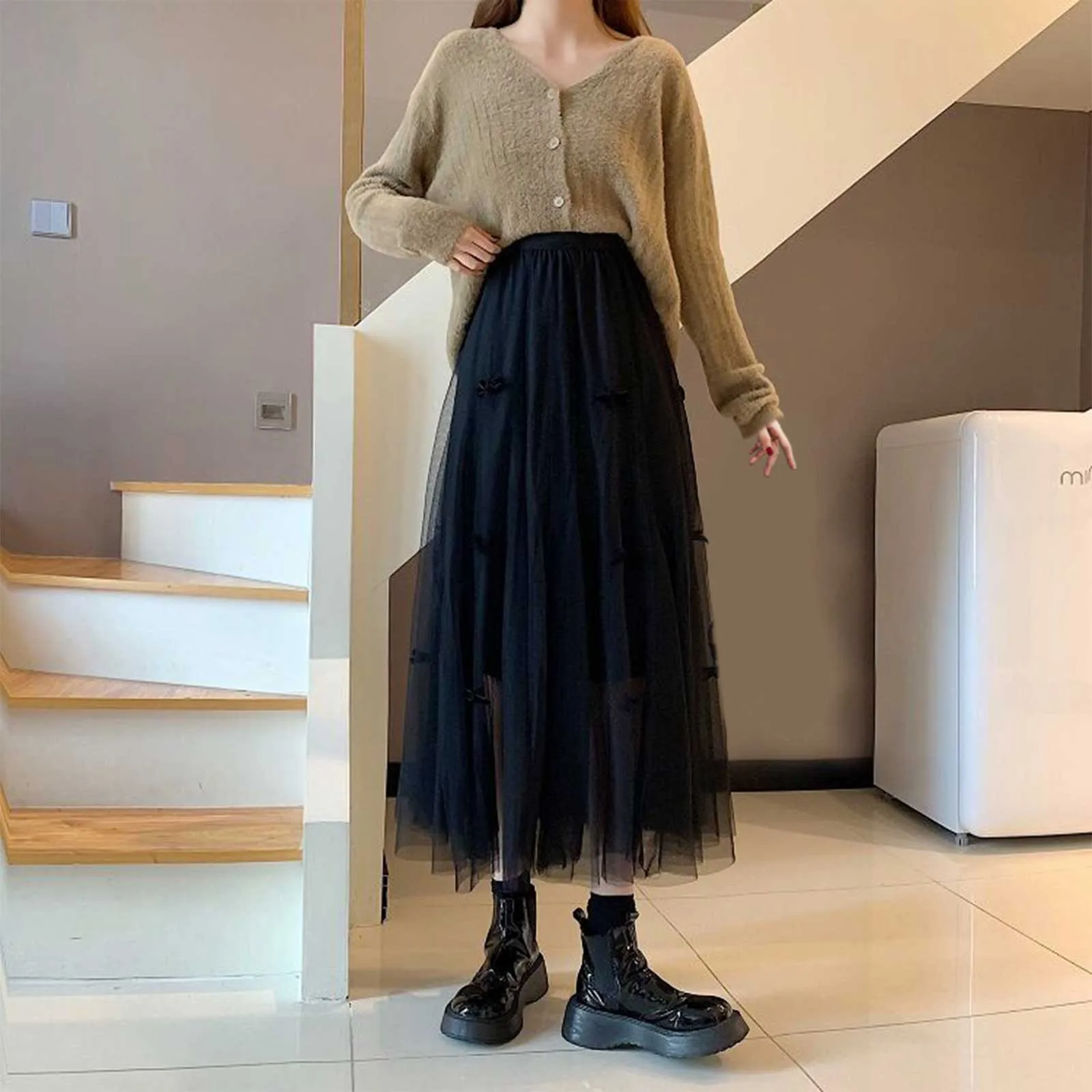 Women's Elegant High Waisted Mesh Half Length Skirts Solid Color Bow Middle Length Temperament A-line Skirt For Women