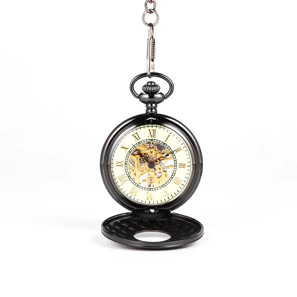 0   Black retro trend personality gift souvenir white noodles Roman lettering carved large flip pocket watch