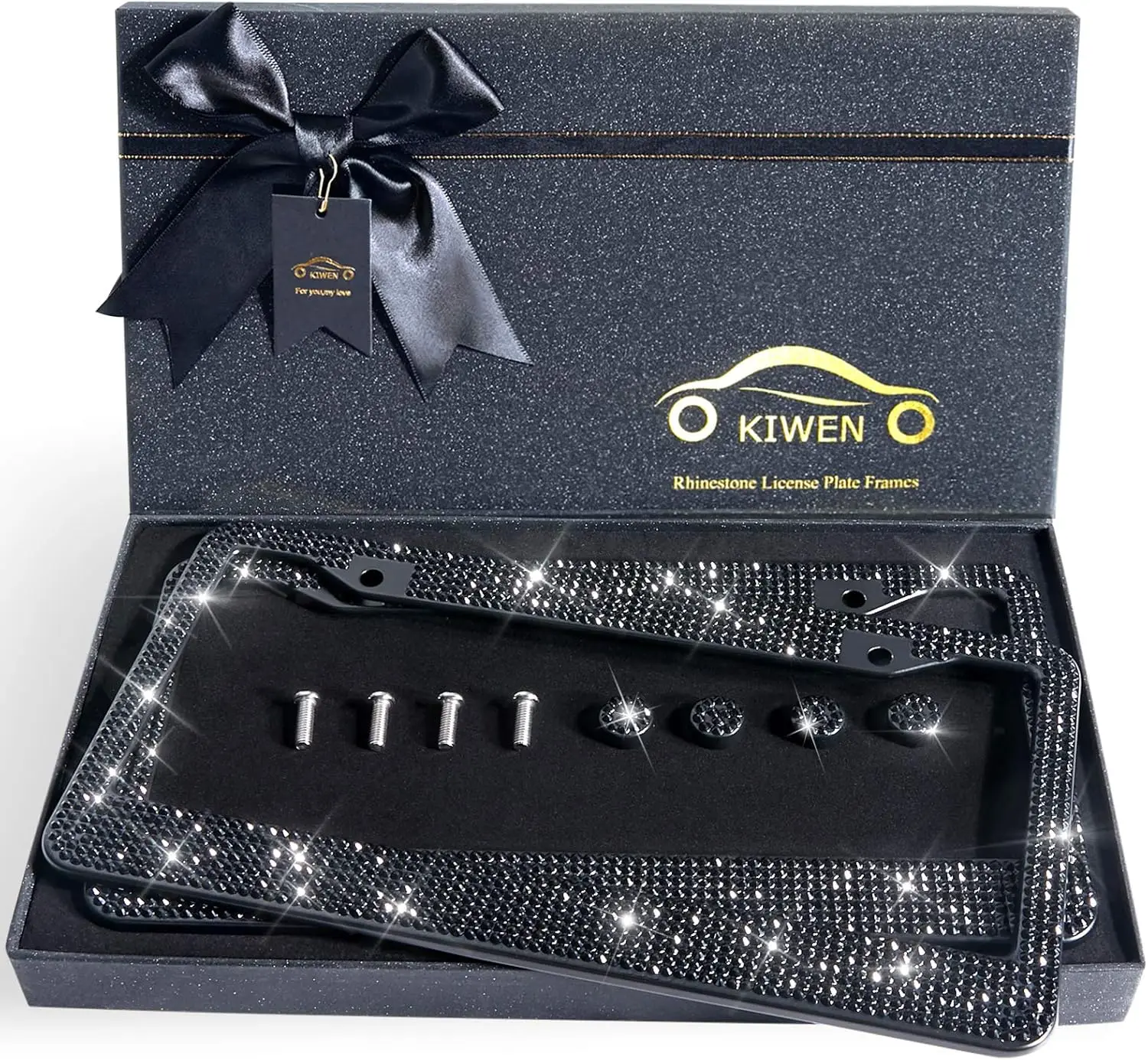 

Sparkling Rhinestone License Plate Frames, 2-Pack with Ribbon Gift Box - Perfect for Women's Parties & Birthdays