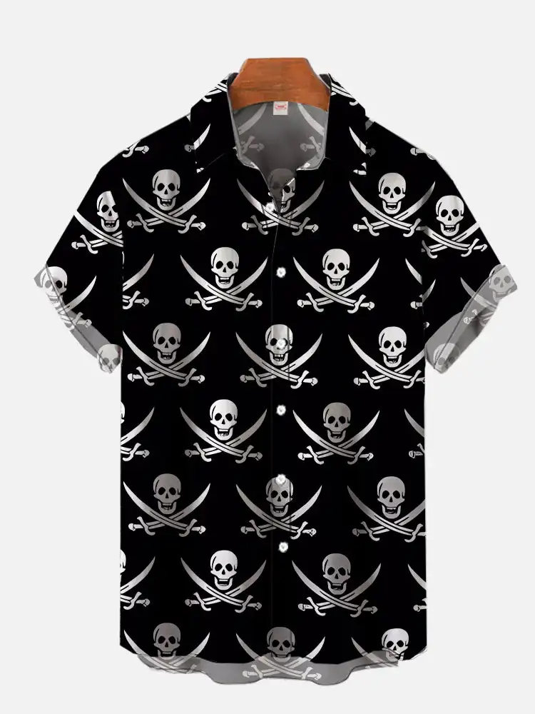 White Skull Vacation Shirt Pirate Cross Skull Hawaiian Casual Shirt Men\'s Fashion Shirt Short Sleeve Plus Size