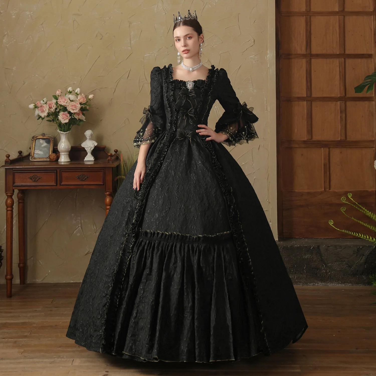 블랙 프렌치 코트 드레스 공연 드레스 여행 사진 러시아 공주 드레스 유럽 의상 사진 무대 Vestido Festas
