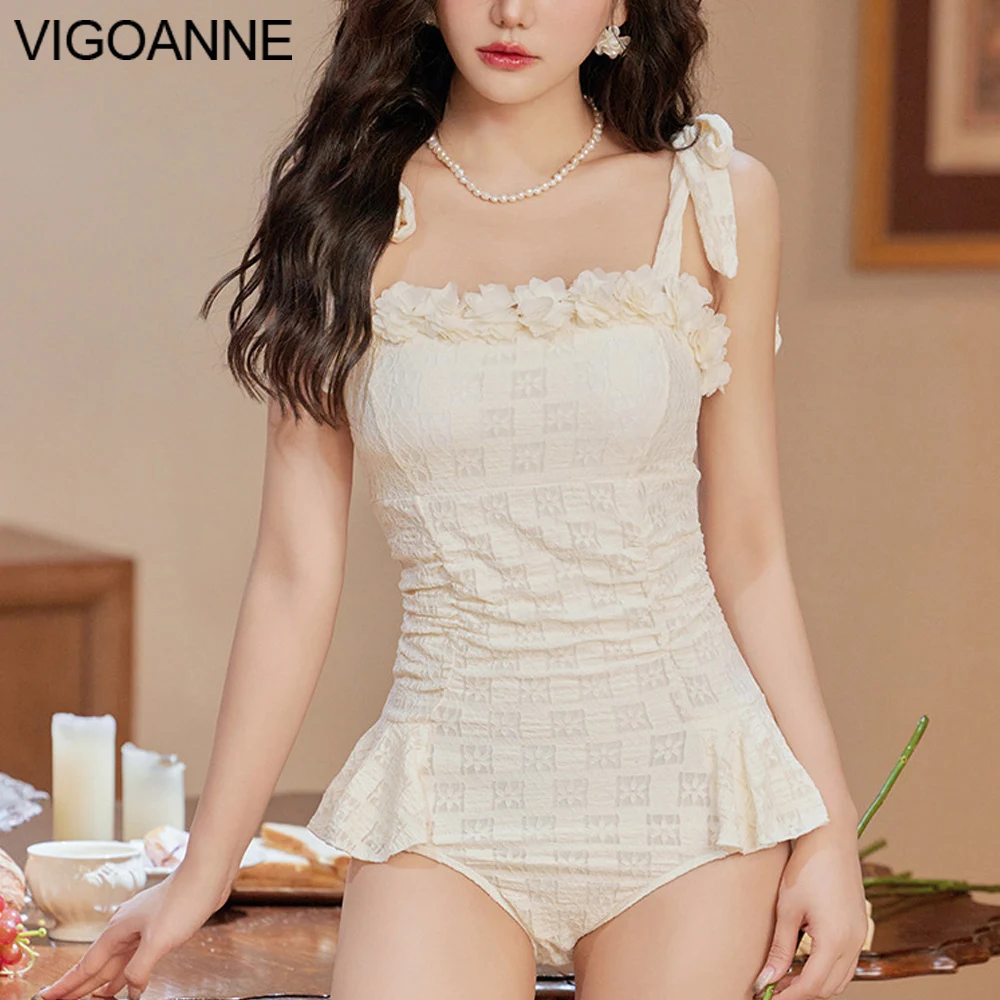 

VigoAnne Solid Tied Strapped Swimwear Women 2024 Sexy Verge Push UP One Piece Swimsuit Korean Closed Monokini Beach Bathing Suit