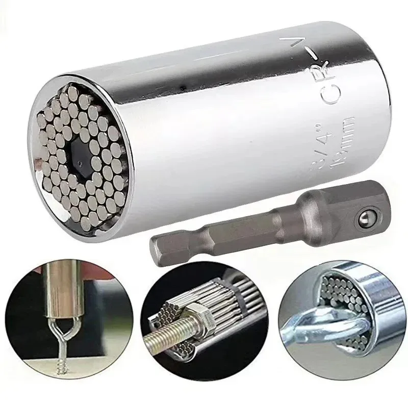 Fotografia 3: Conjunto de Extensão de Chave de Soquete Mágica Multifuncional 7-19mm Prateado para Furadeira Elétrica Ferramenta de Parafuso para Reparos Domésticos