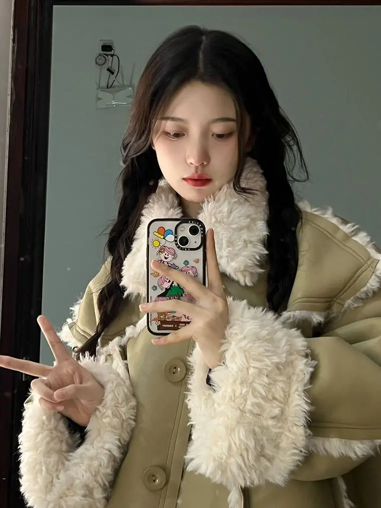 Elegant Coat Buttons Women Winter Thick Warm Soft Fleece Jacket Pocket Outerwear Overcoat Coat Slim Tide Japan And South Korea