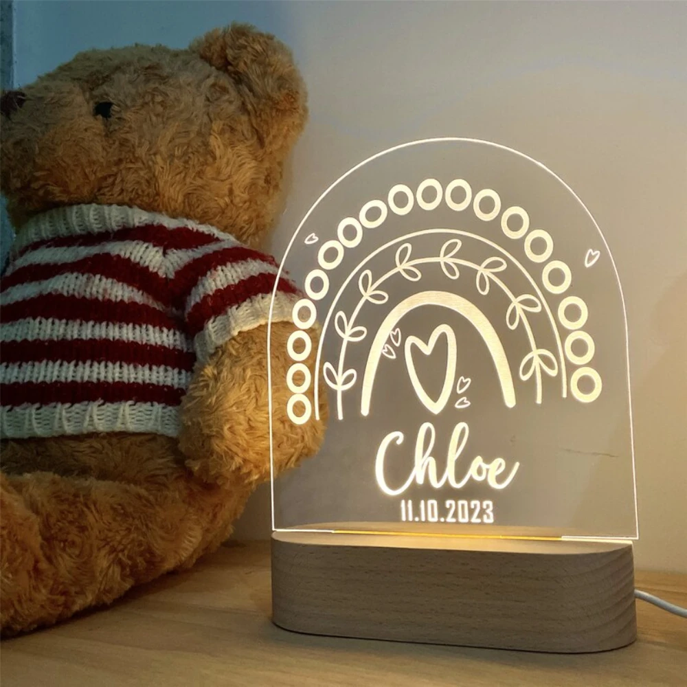 Personalisiertes Regenbogen-Einhorn, LED, USB, 7-Farben-Nachtlicht, individueller Name, Acryllampe, Holzsockel für Baby, Kind, Kinder, Schlafzimmer, Dekoration