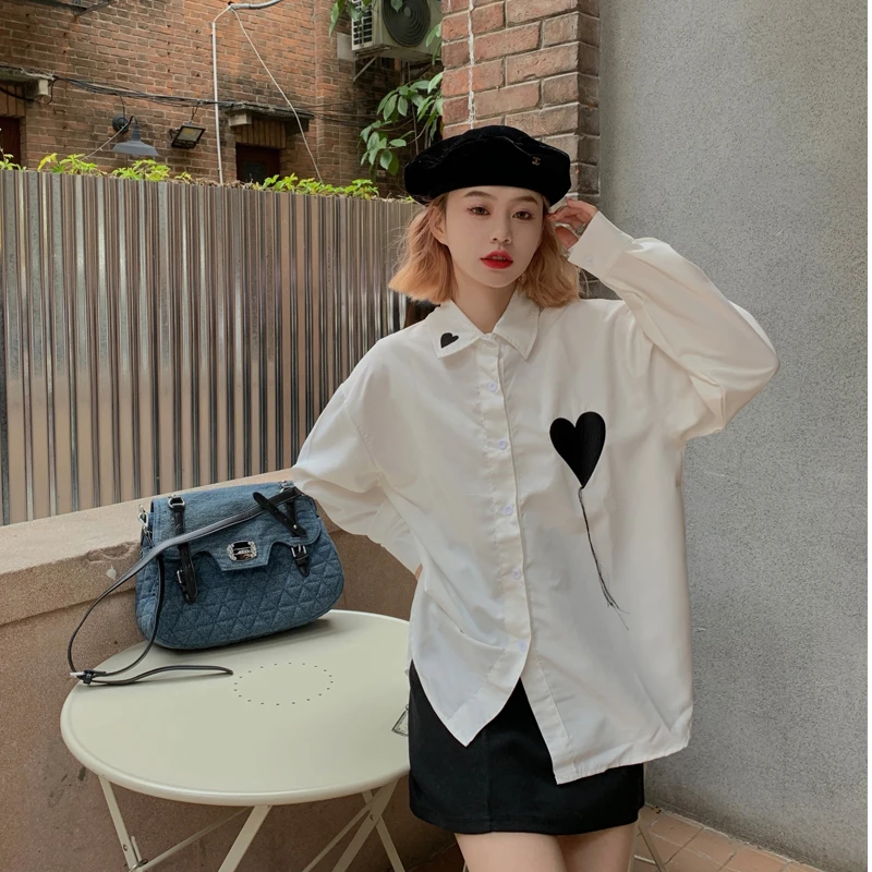 Blouse for Female 2023 New Heart Embroidery Casual Korean Fashion Women Shirt Loose Femme Womens Tops Tassel Chic Shirts Y2k