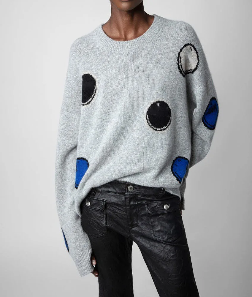 

Happy Face Knit Sweater For Women Autumn Winter Round Neck Long Sleeve Jacquard Circle Loose Pullover Sweater