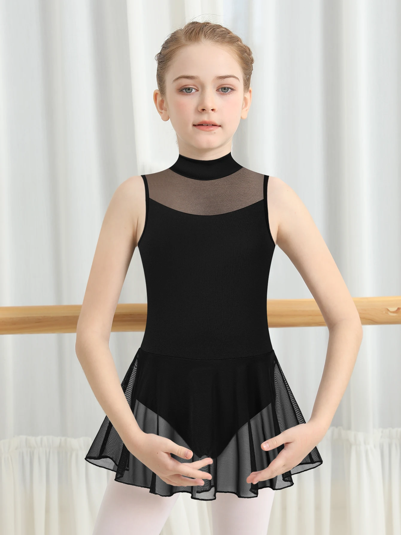 Girls Turtleneck Dance Leotard for Ballet Mesh Neckline/Dress Full Front Lining Water-Drop Hollow Back