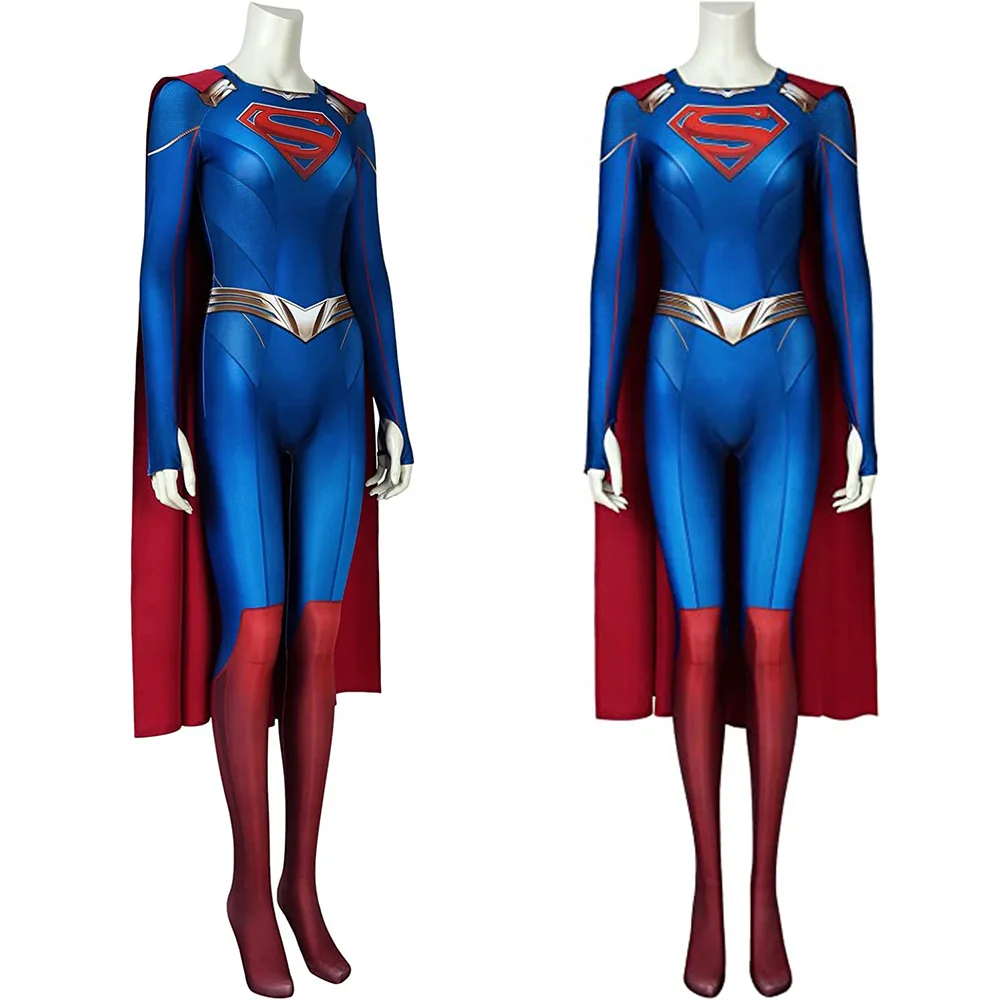 3D Supergirl Season 5 Costume Kara Zor-El Danvers Cosplay Superwoman Jumpsuit Halloween Costumes For Womloak Blue Bodysuit