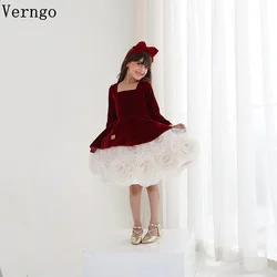 Verngo Burgundy Princess Girl Flowers Dress A Line Full Sleeves Birthday Party Dress 3D Flower First Communion Dress Customized