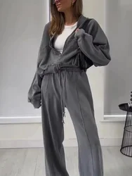 HH Women Solid Sportwear Suit Long Sleeve Zipper Bomber Jacket Coat Casual Drawstring Pant Autumn Female Y2K Sweatshirt Set