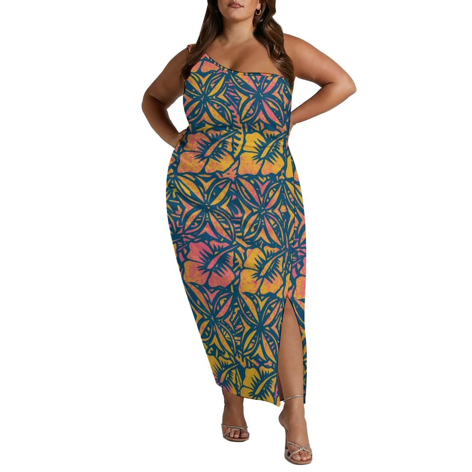 

2023 Summer Polynesian Vintage Art Pattern Design New Women's Dress Custom Sleeveless Dress One Shoulder Elegant Slit Maxi Dress