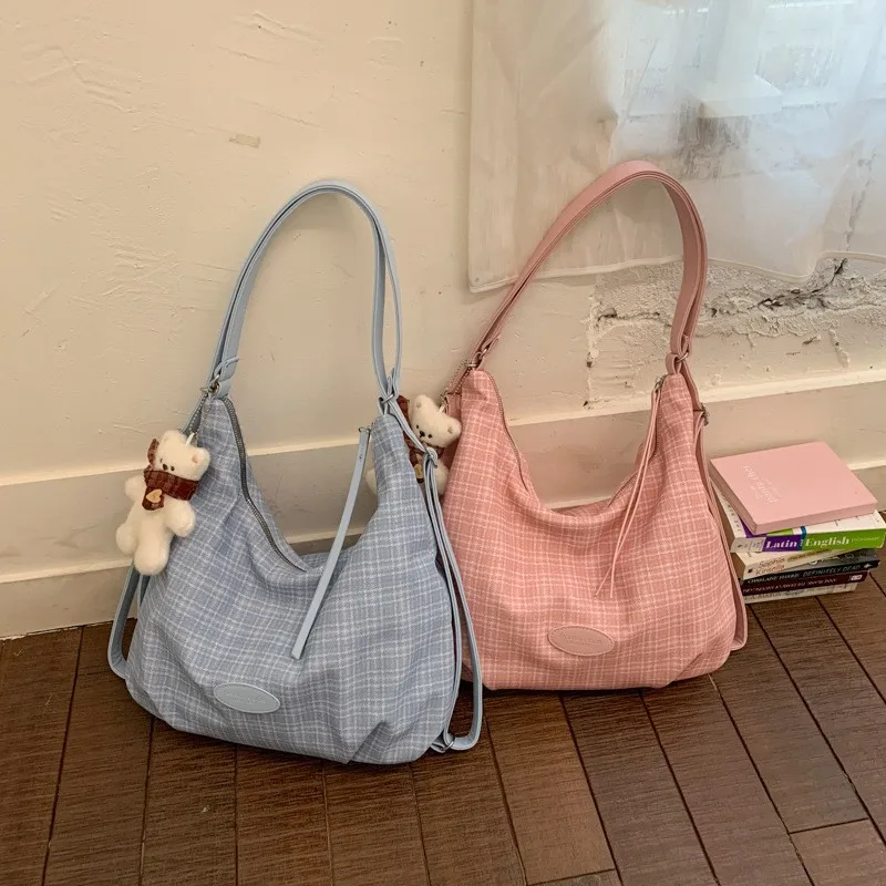 タータンチェックトートバッグ女性の多用途シングルショルダーダブルショルダーバッグ-2026-夏の新ファッション多用途毎日の通勤クロスボディバッグ