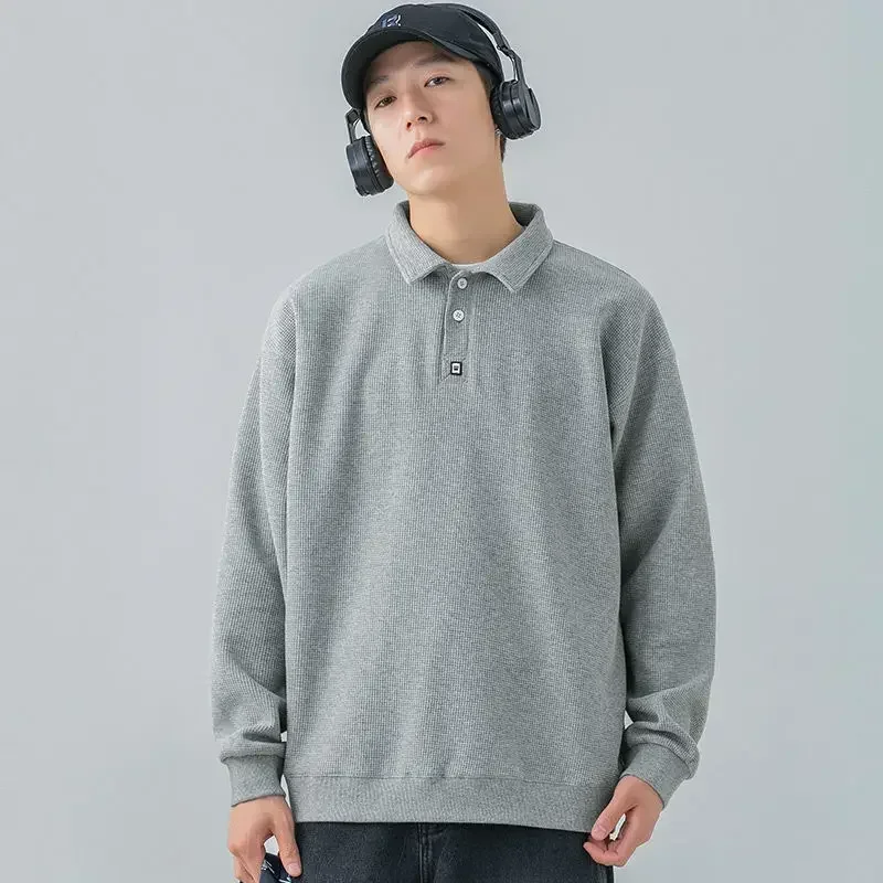 

T Polo Shirts For Men Baggy Japan Tops Sweatshirts Male Clothes Waffle It Long Sleeve Casual With Trend Unique Sale Tee F Full