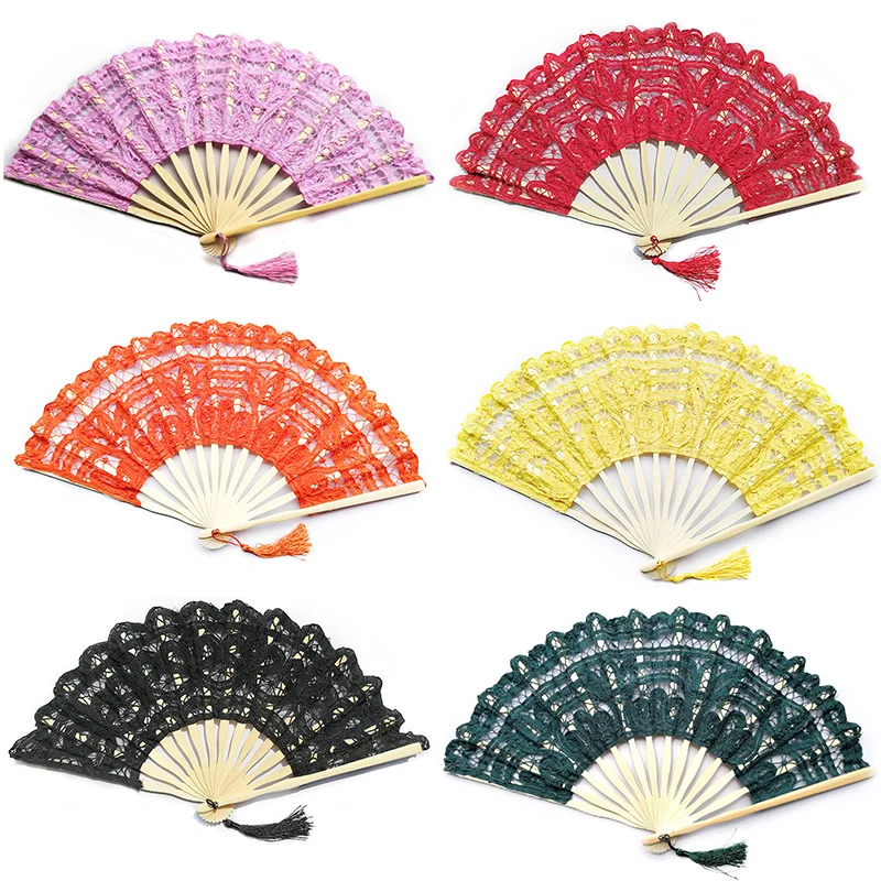 Vintage Handmade Folding Fan Lace Embroidered Bamboo Wood Wedding Party Hand Held Dance Fan Home Decoration Art Craft Gift