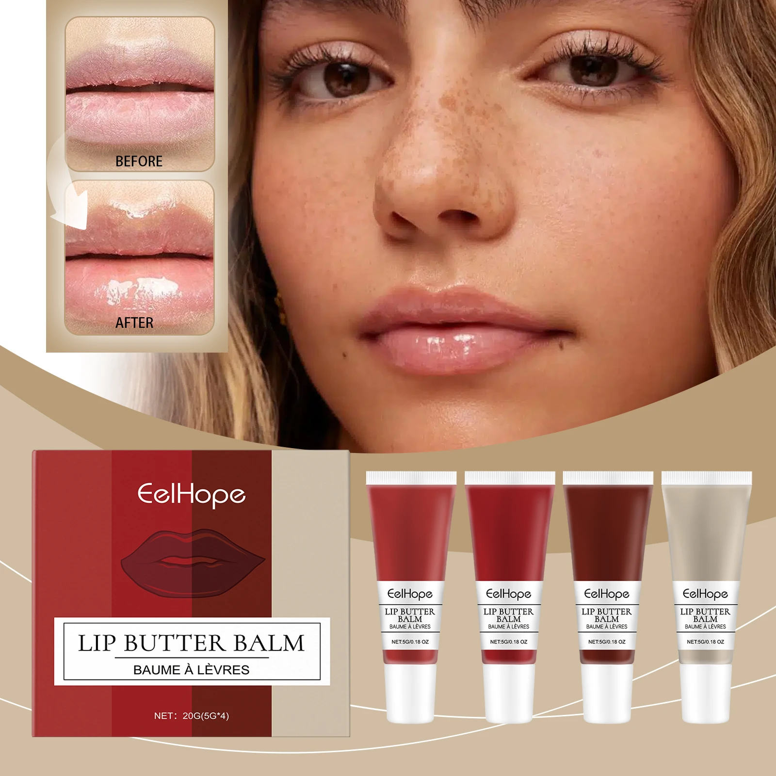 Eelhope - Juego de 4 Bálsamos Labiales en Barra, Hidratación Profunda, Larga Duración, No Pegajoso, Maquillaje Labial con Color, Envío Rápido, Kit de Regalo, 20 g