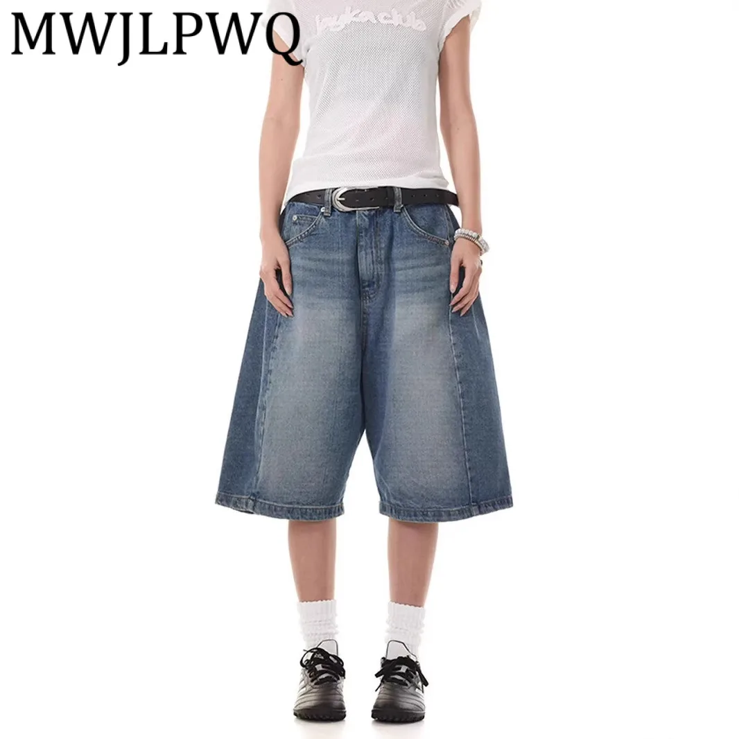 

MWJLPWQ Джинсовые шорты в уличном стиле для мужчин, летние американские потертые свободные унисекс, универсальные широкие повседневные брюки средней длины 12004