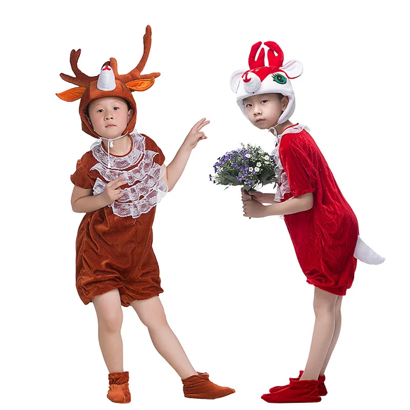 Conjunto de disfraz de Cosplay de animales para niños, traje de Halloween con adorno de manga larga y corta para juego escolar, conejo, Lobo, León, Reno, elefante, escenario