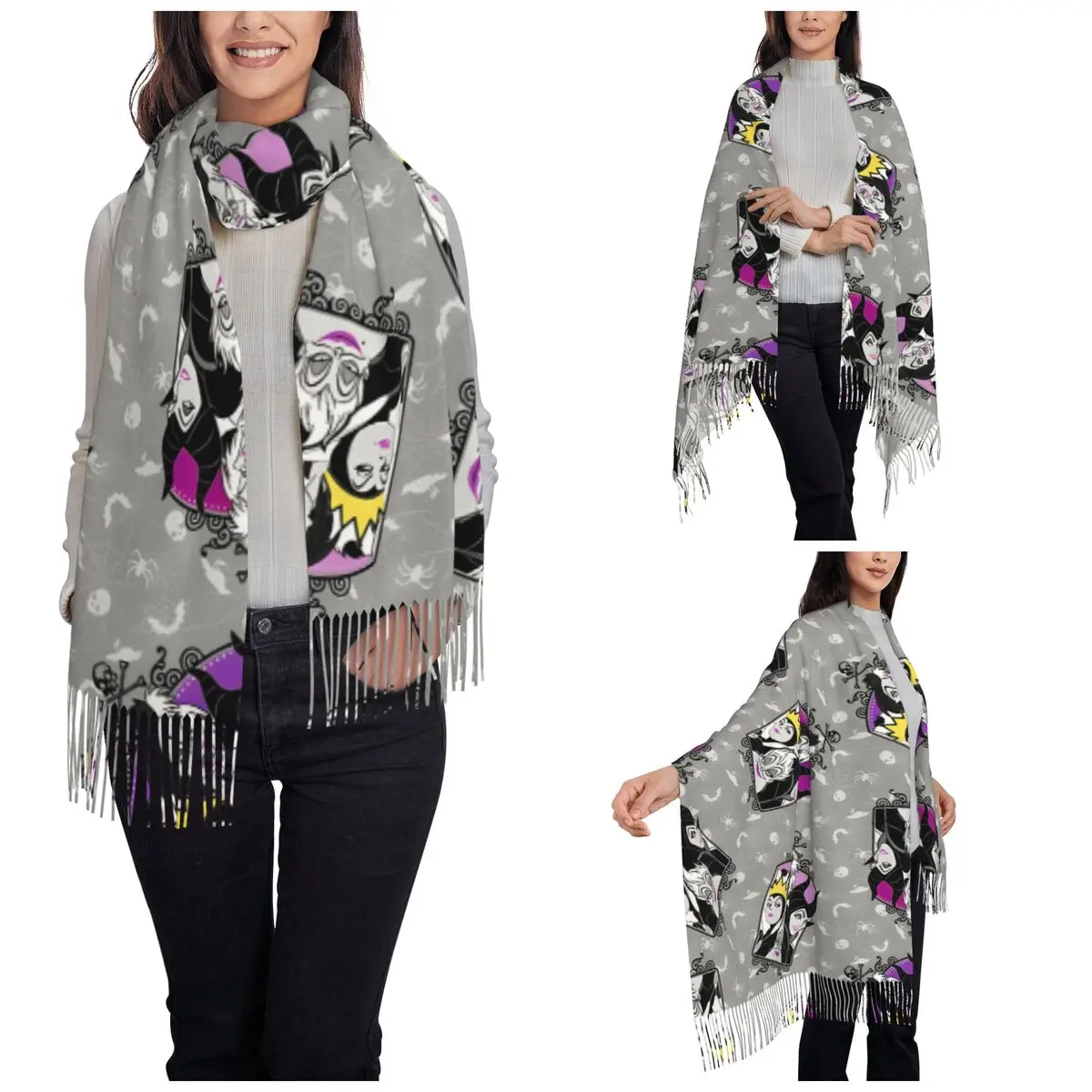 Villains Cartoon Queen Movie Scarf Women Winter Cashmere Shawl Wrap Evil Maleficent Cruella de Vil Long Shawl Scarf Lightweight