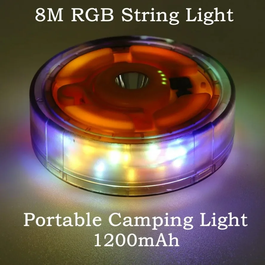 Portable Camping Light 1200mAh Outdoor Tent Light Strip Decorative Lighting String 8M RGB Color-Changing Atmosphere String Light