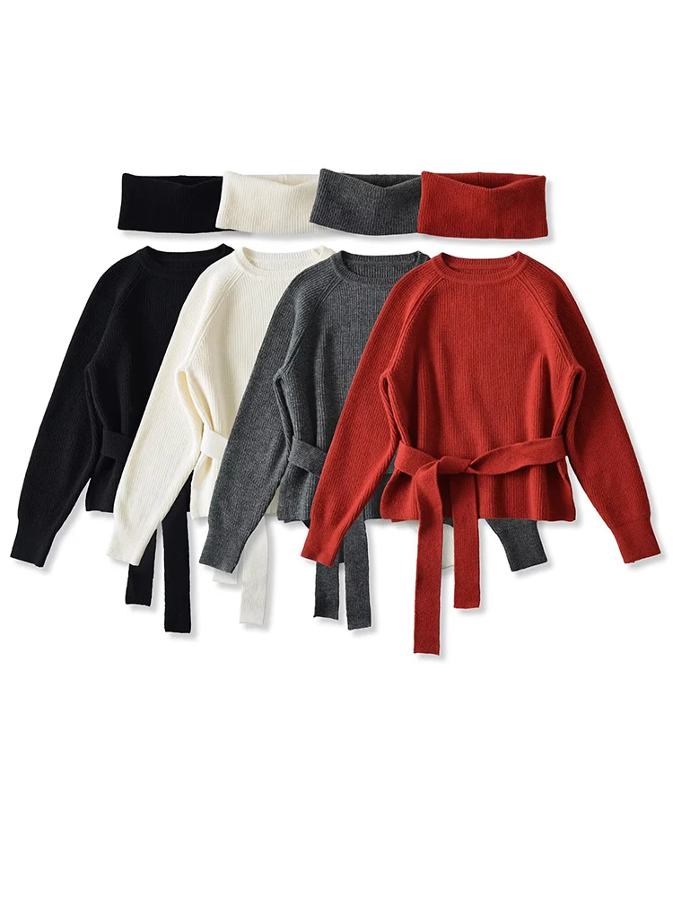 

Autumn Winter Solid Color Knitted Pullovers With Belt Scarf Women Casual Sweaters
